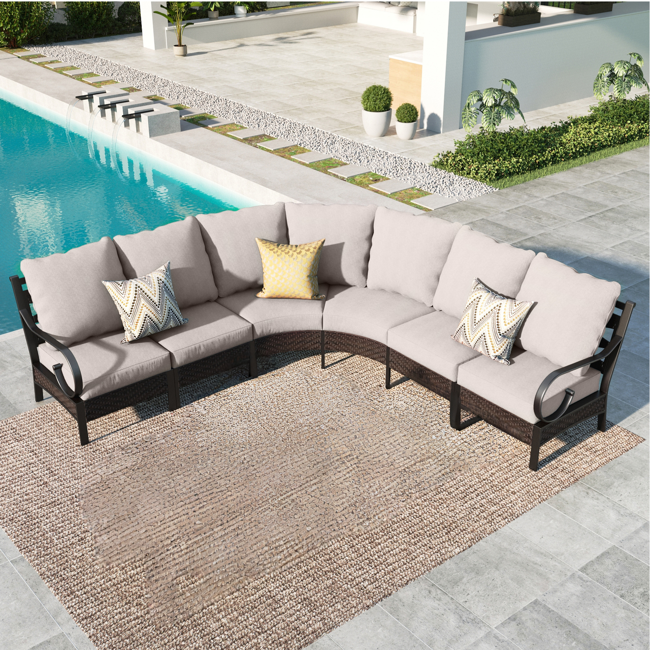 MAISON ARTS 6-seat Patio Furniture Set, Half-moon Outdoor Sectional Set Conversation Set, Black Steel Frame & Beige Cushions