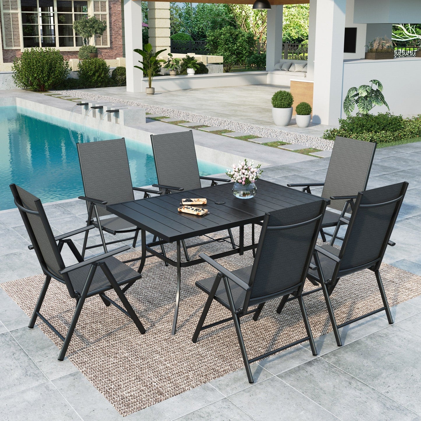 MAISON ARTS 7-Piece Patio Dining set with 6 Outdoor Folding Adjustable High-Back Chairs and Rectangular Table, Black and Blue