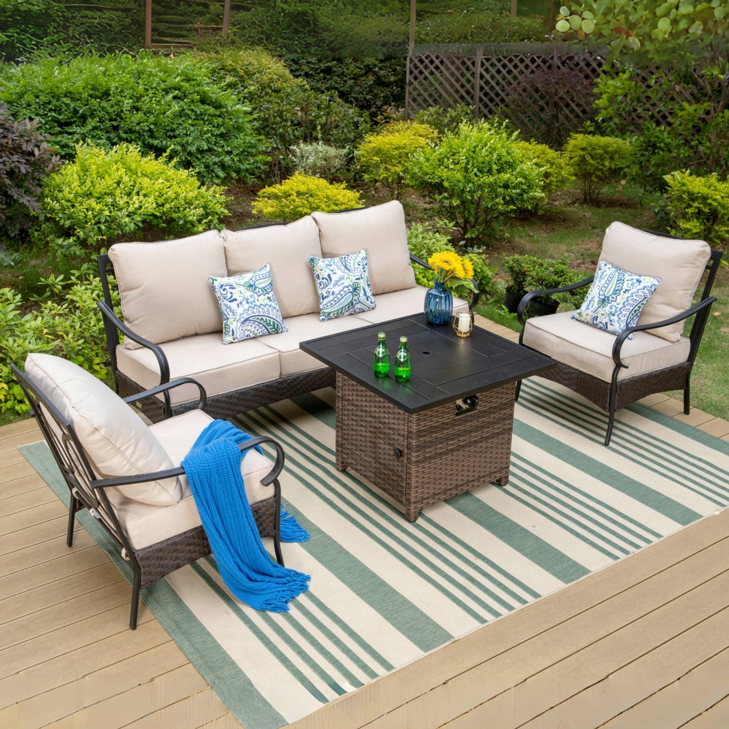 MAISON ARTS 4-Piece Outdoor Conversation Set with 3-Seat Sofa, 2 Club Chairs & 50000 BTU Fire Pit Table, 5-Person Seating Group with Cushions, Black & Beige