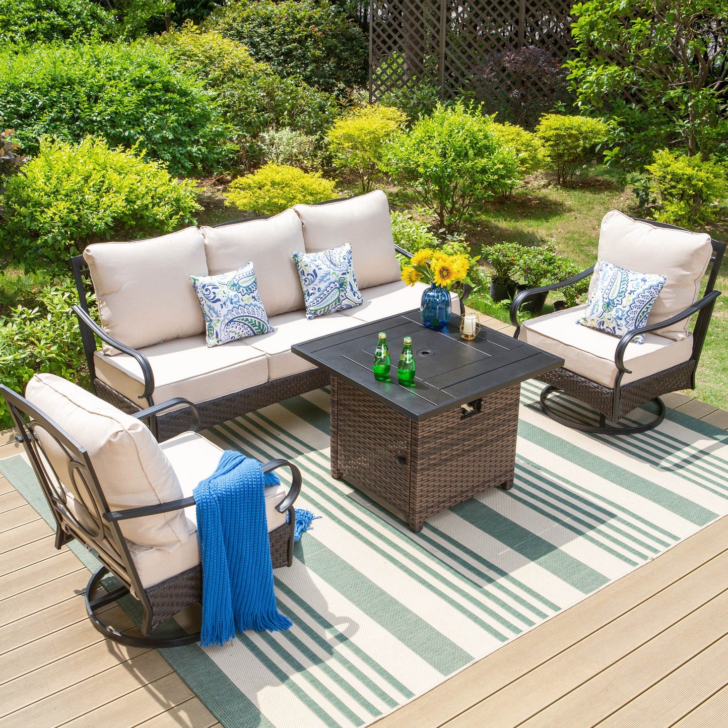 MAISON ARTS 4-Piece Outdoor Conversation Set with 3-Seat Sofa, 2 Swivel Chairs & 50000 BTU Fire Pit Table, 5-Person Seating Group with Cushions, Black&Beige