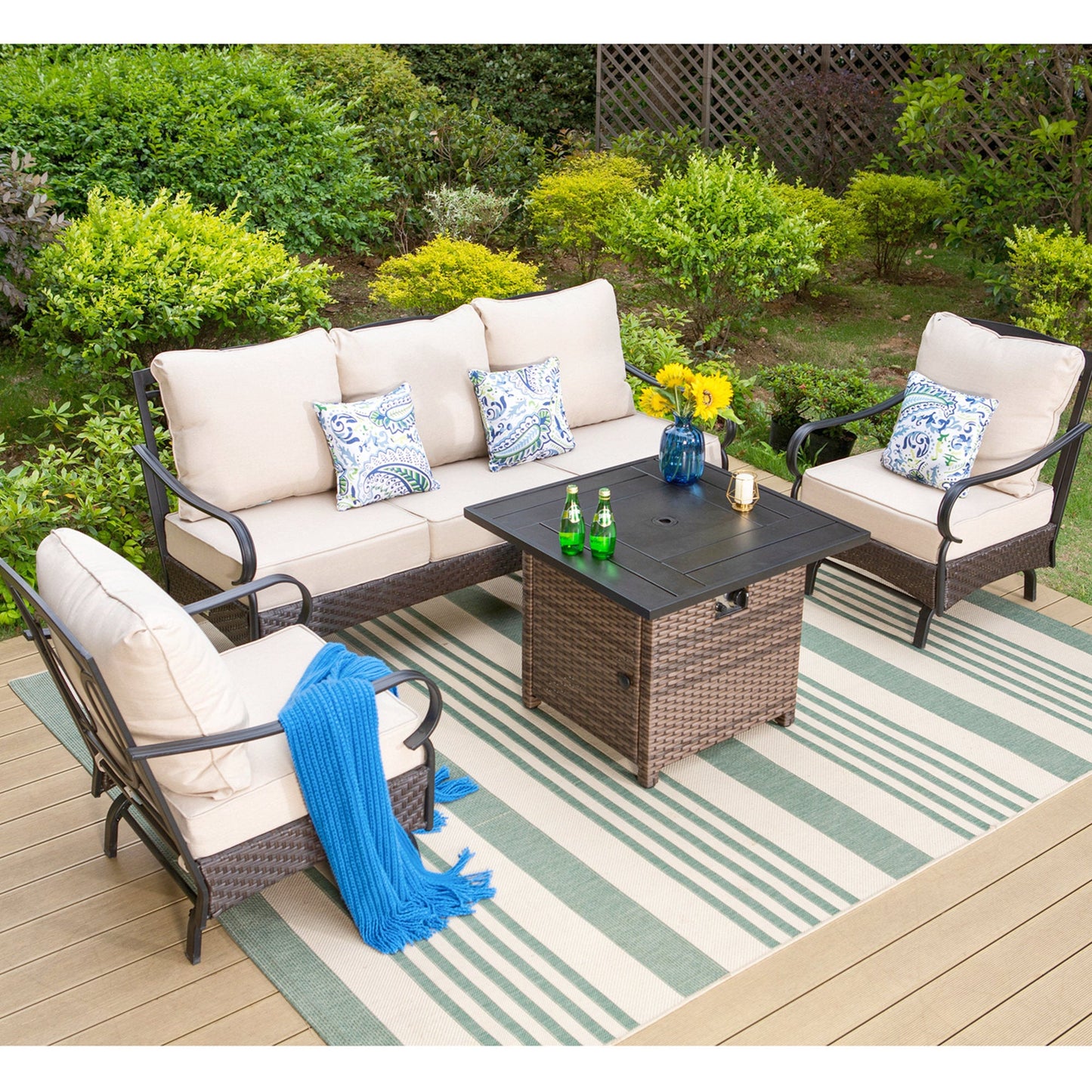 MAISON ARTS 4-Piece Outdoor Conversation Set with 3-Seat Sofa, 2 Rocking Chairs & Square Fire Pit Table, 5-Person Seating Group with Cushions, Black & Beige