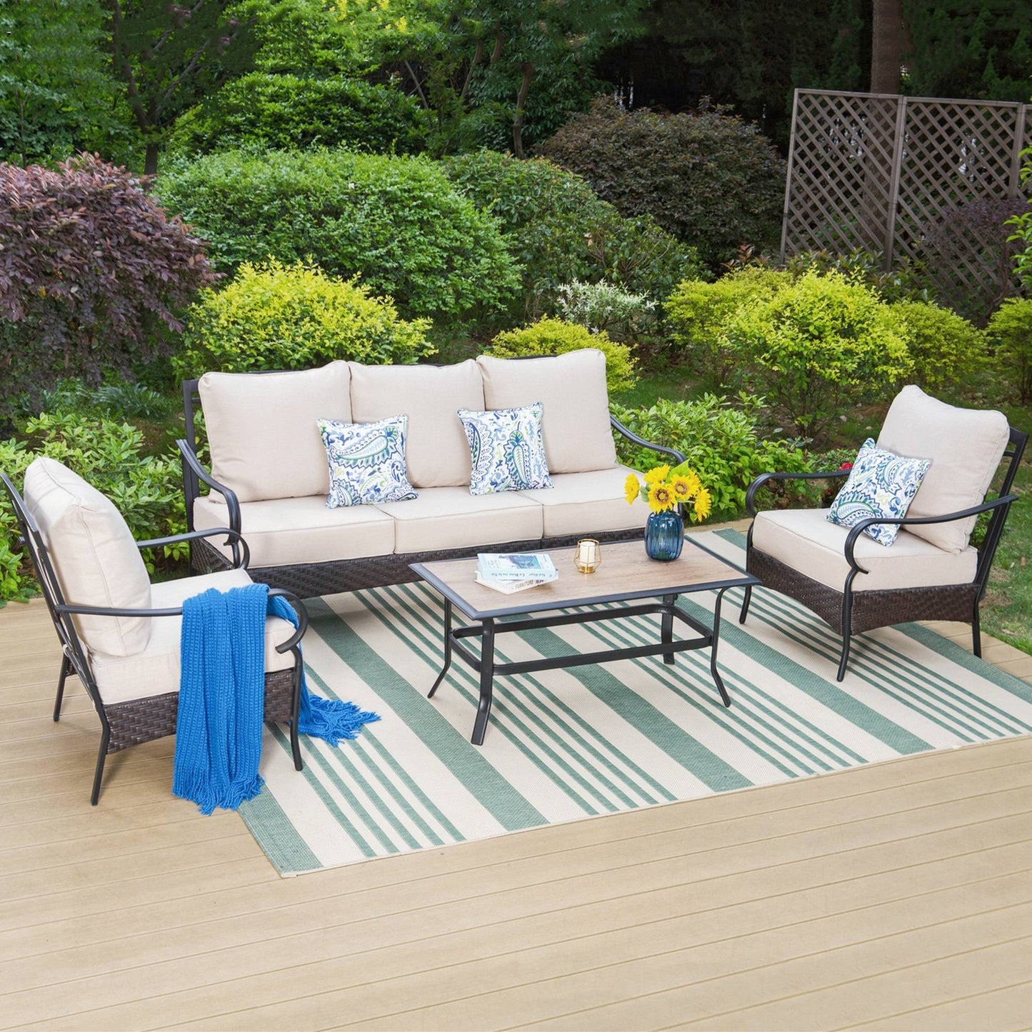 MAISON ARTS 4-Piece Outdoor Patio Conversation Set with 3-Seat Sofa, 2 Club Chairs & Wood-Look Coffee Table, Black Frame & Beige Cushions