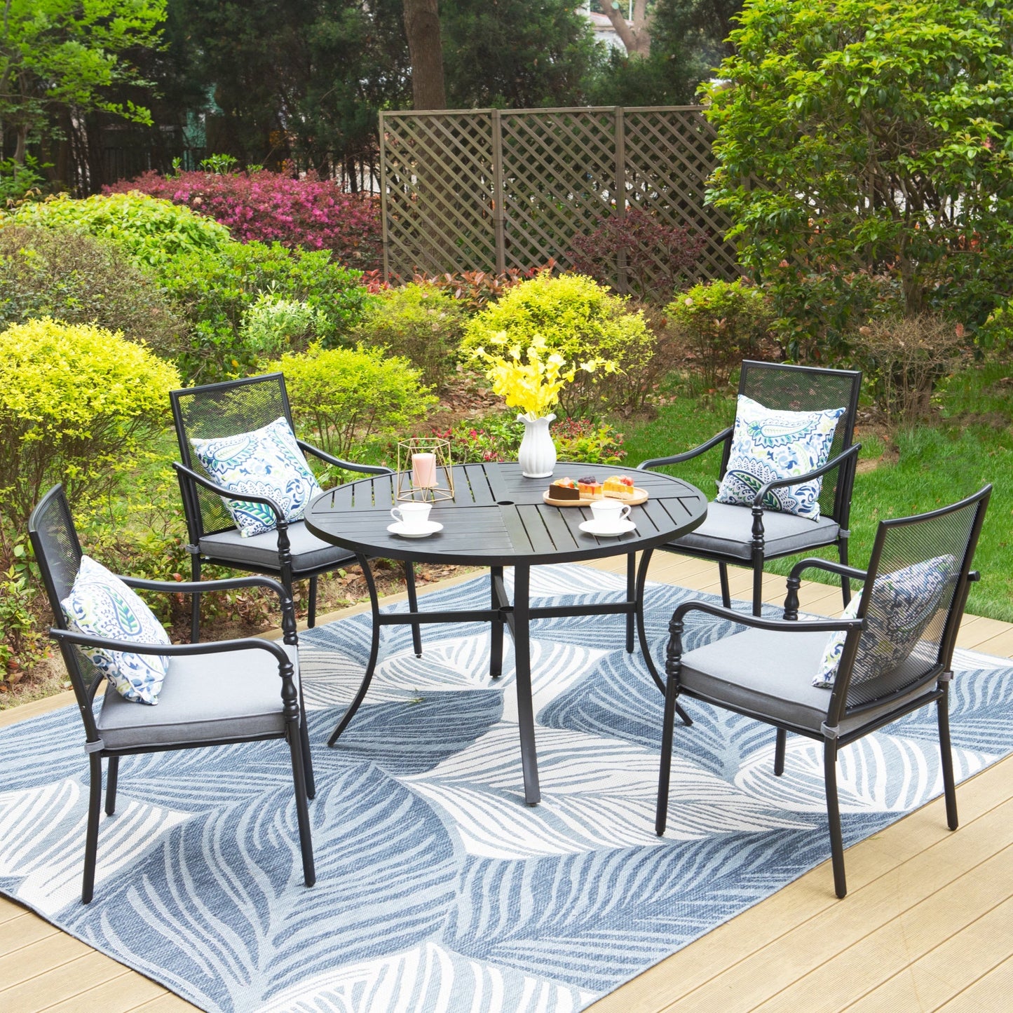 MAISON ARTS 5-Piece Outdoor Dining Set, 4 Steel chairs with Cushion & Round Table, Umbrella Support, Black & Gray