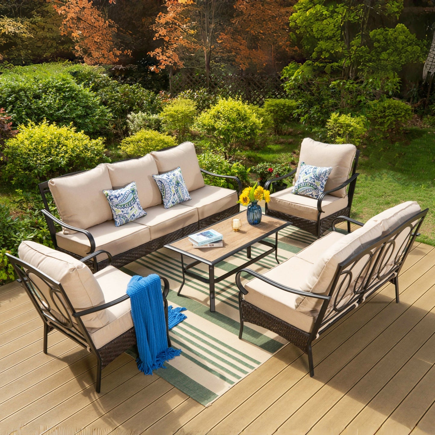 MAISON ARTS 7-Seat Outdoor Patio Conversation Set with 3-Seat Sofa, Love-Seat Sofa, 2 Club Chairs & Wood-Look Coffee Table, Black Steel Frame & Beige Cushion