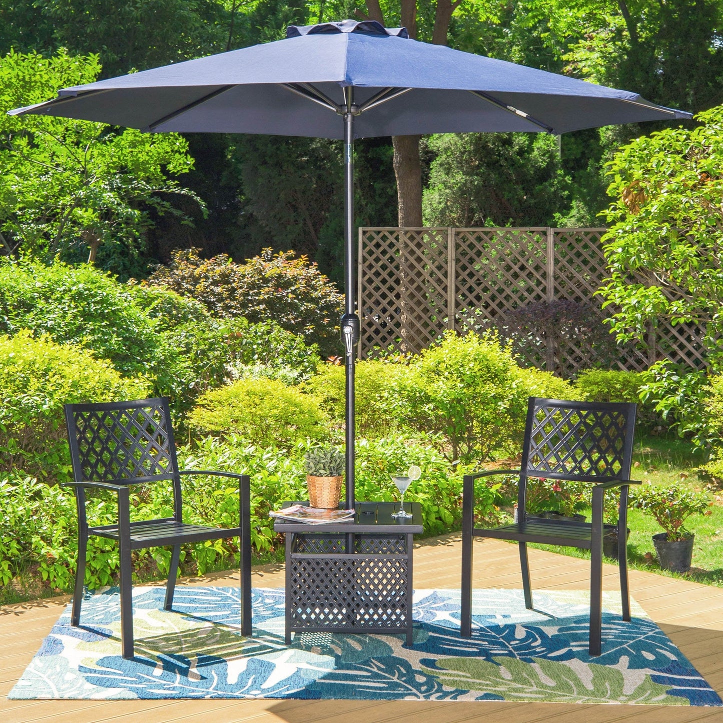 MAISON ARTS 4-Piece Outdoor Patio Bistro Set with 9 ft Umbrella, Side Table & Two Stacking Chairs, Black & Navy Blue