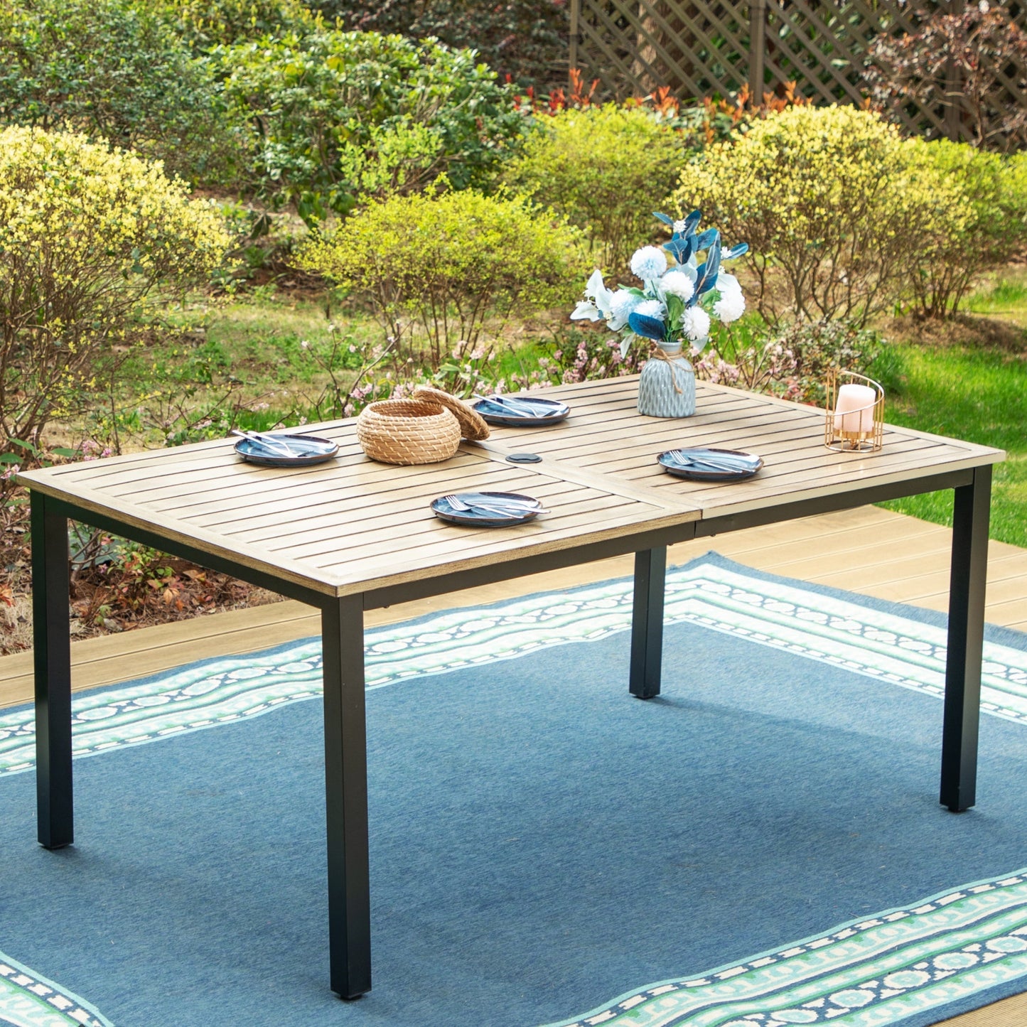 MAISON ARTS Rectangle Outdoor Dining Table, 64" Steel Frame with Wood-look Top for 6 Person, Umbrella Support, Black & Gray-Brown
