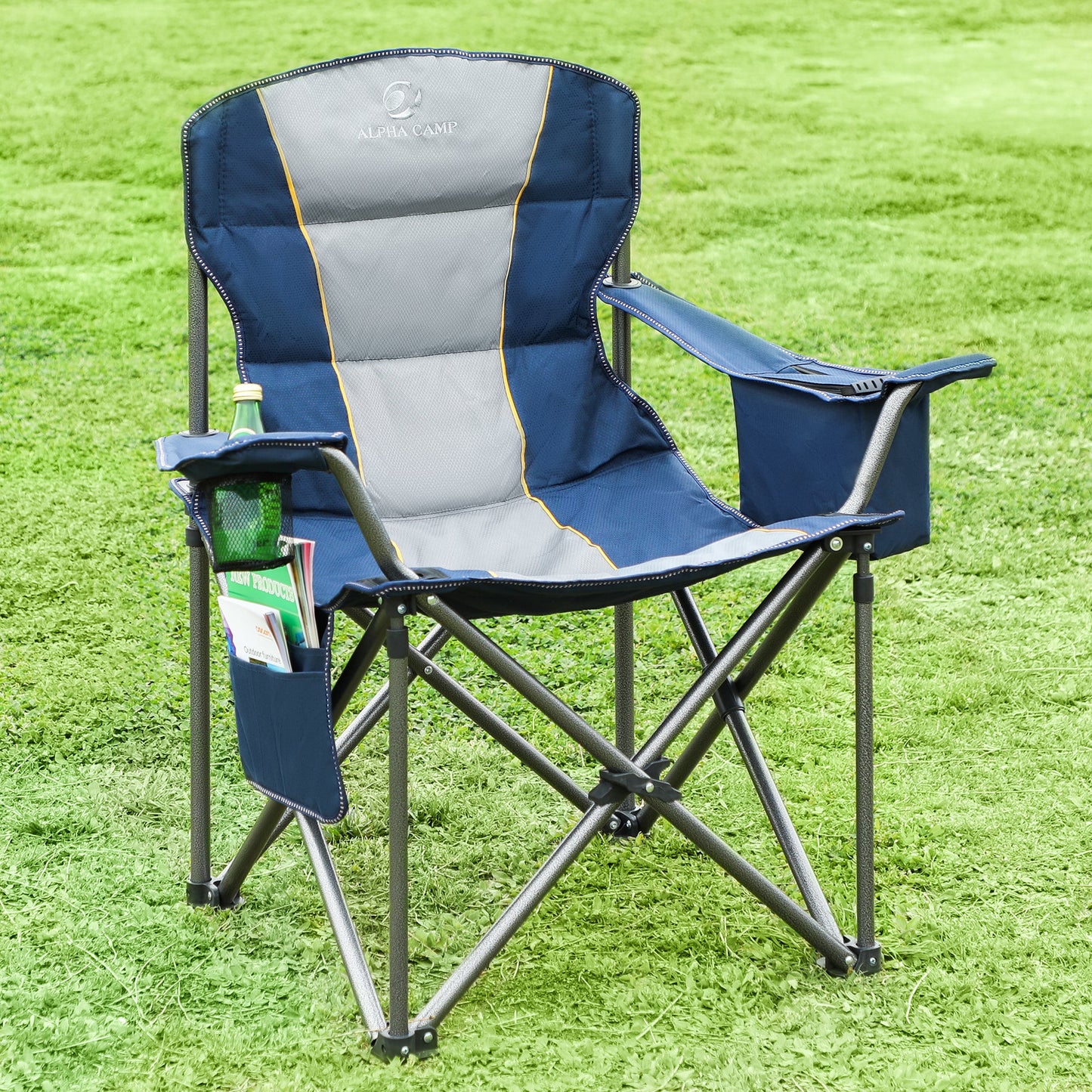 MAISON ARTS Oversized Folding Camping Chair Heavy Duty Steel Frame Portable Padded Chairs with Cooler Bag & Cup Holder, Lightweight Lawn Chairs, Blue