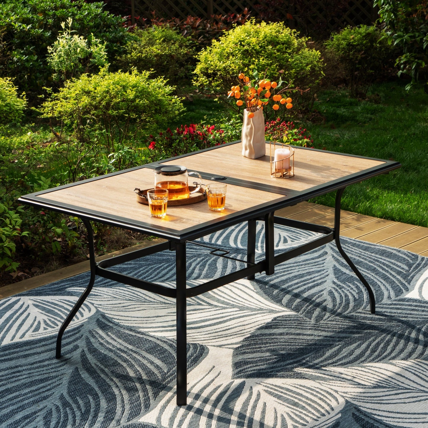 MAISON ARTS 6-Person Patio Dining Table with Wood-look Tabletop & Steel Frame, 2" Umbrella Hole, Black