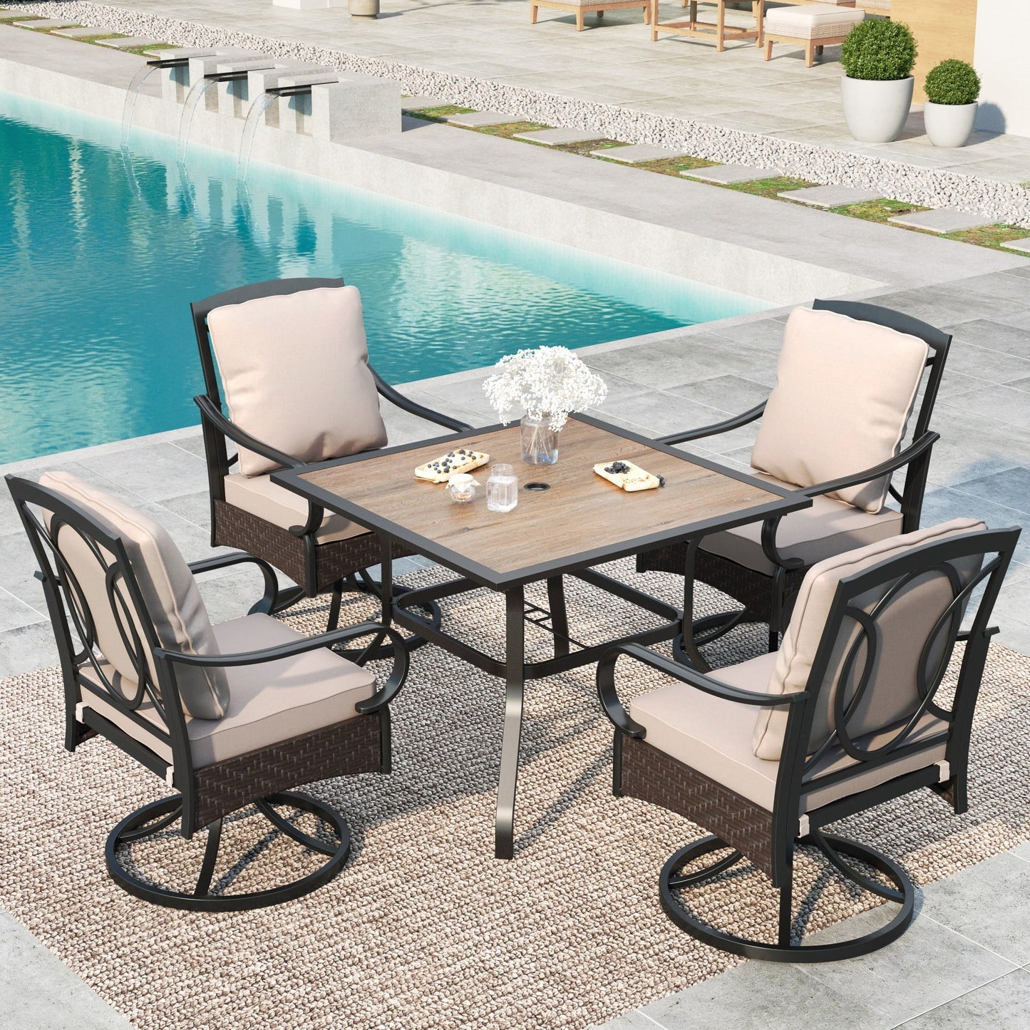 MAISON ARTS 5-People Outdoor Patio Dining Set with Wicker Swivel Chairs with Seat & Back Cushions, Wood-Like Table, Black & Beige
