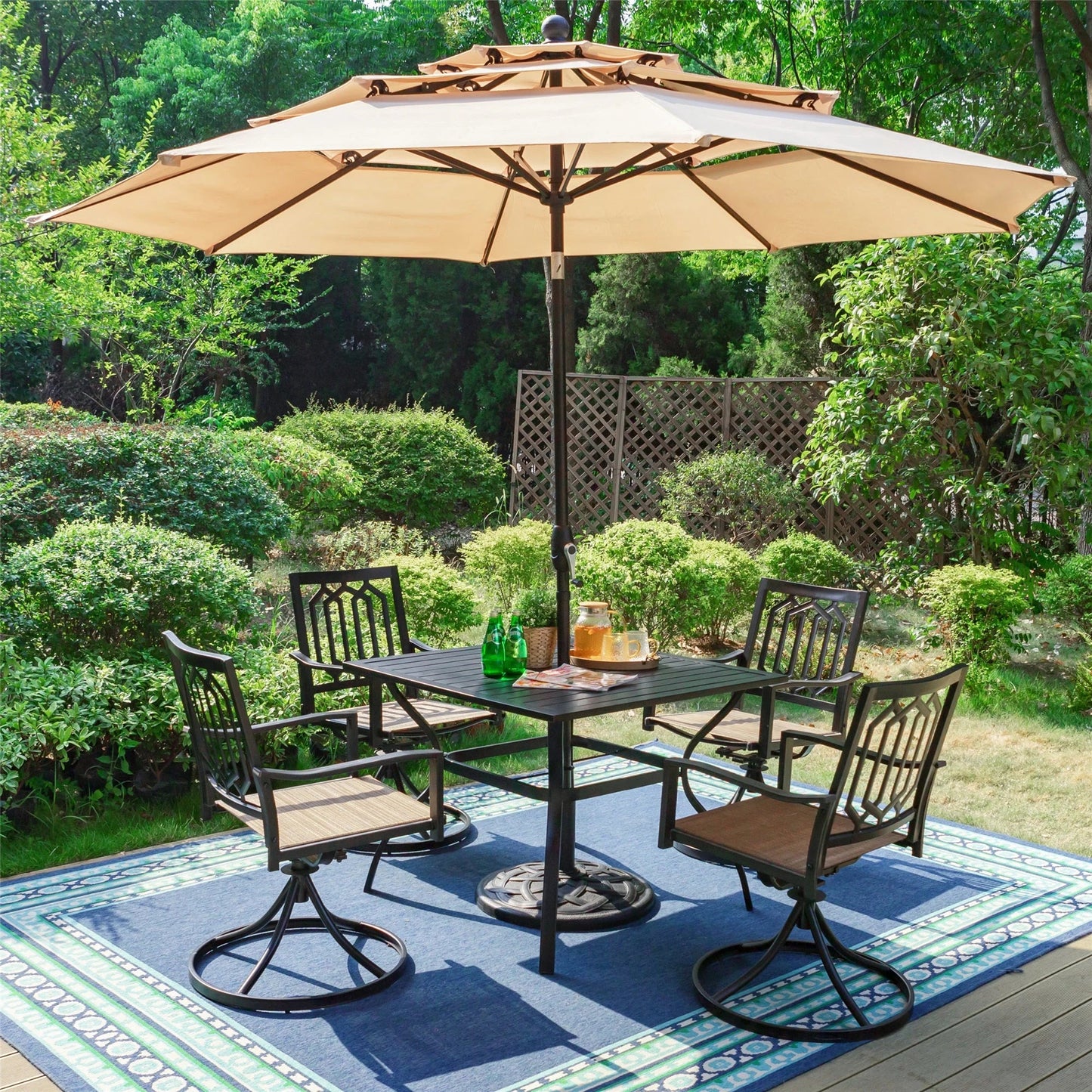 MAISON ARTS 6-Piece Outdoor Patio Dining Set with 10 FT Umbrella, 360-degree Swivel Chairs with Breathable Textilene Seats & 37" Square Table, Black Steel Frame & Beige Umbrella