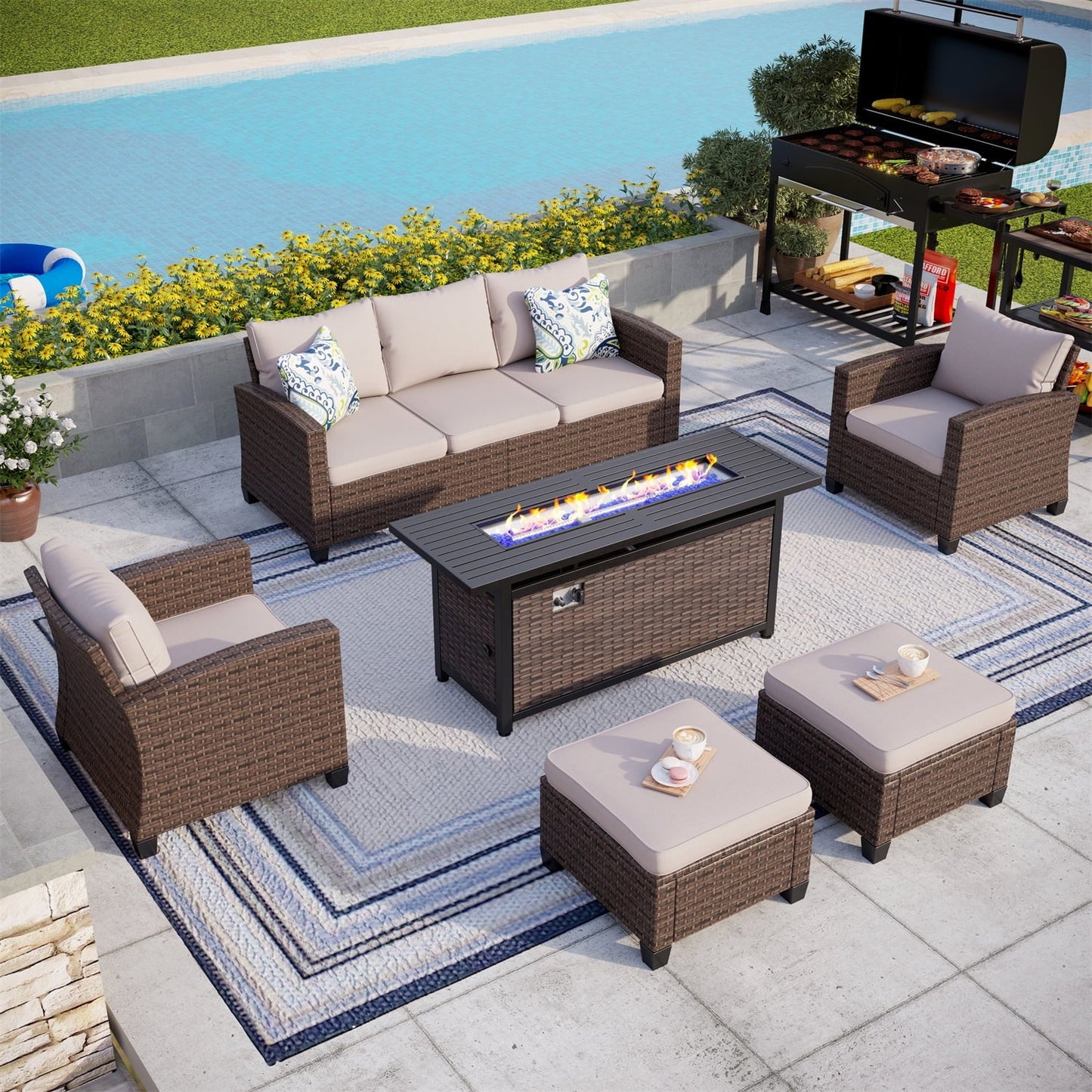 MAISON ARTS 7 Seater Outdoor Patio Furniture Sofa Set with Fire Pit Table Wicker Patio Sofa Conversation Set Beige