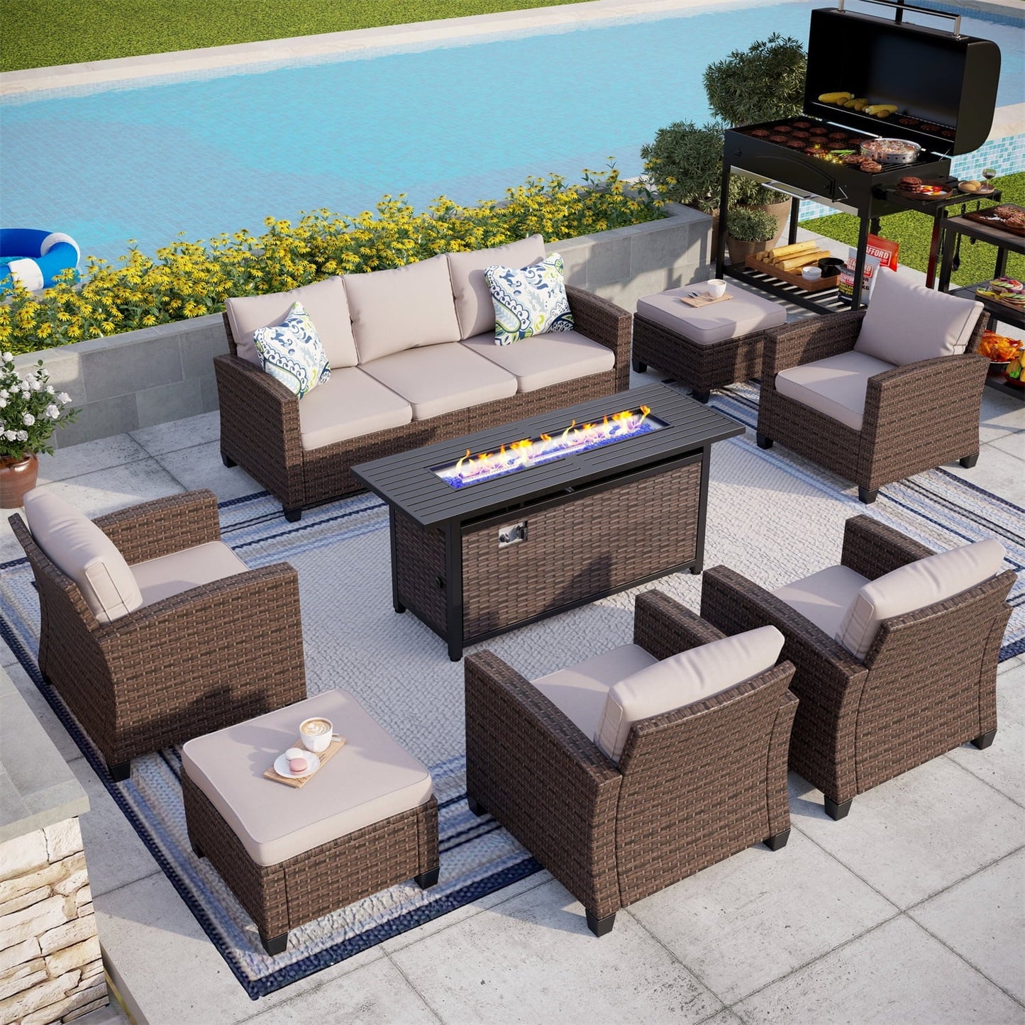 MAISON ARTS 9 Seater Outdoor Patio Sectional Furniture Sofa Set with Fire Pit Table Wicker Patio Sofa Conversation Set Beige