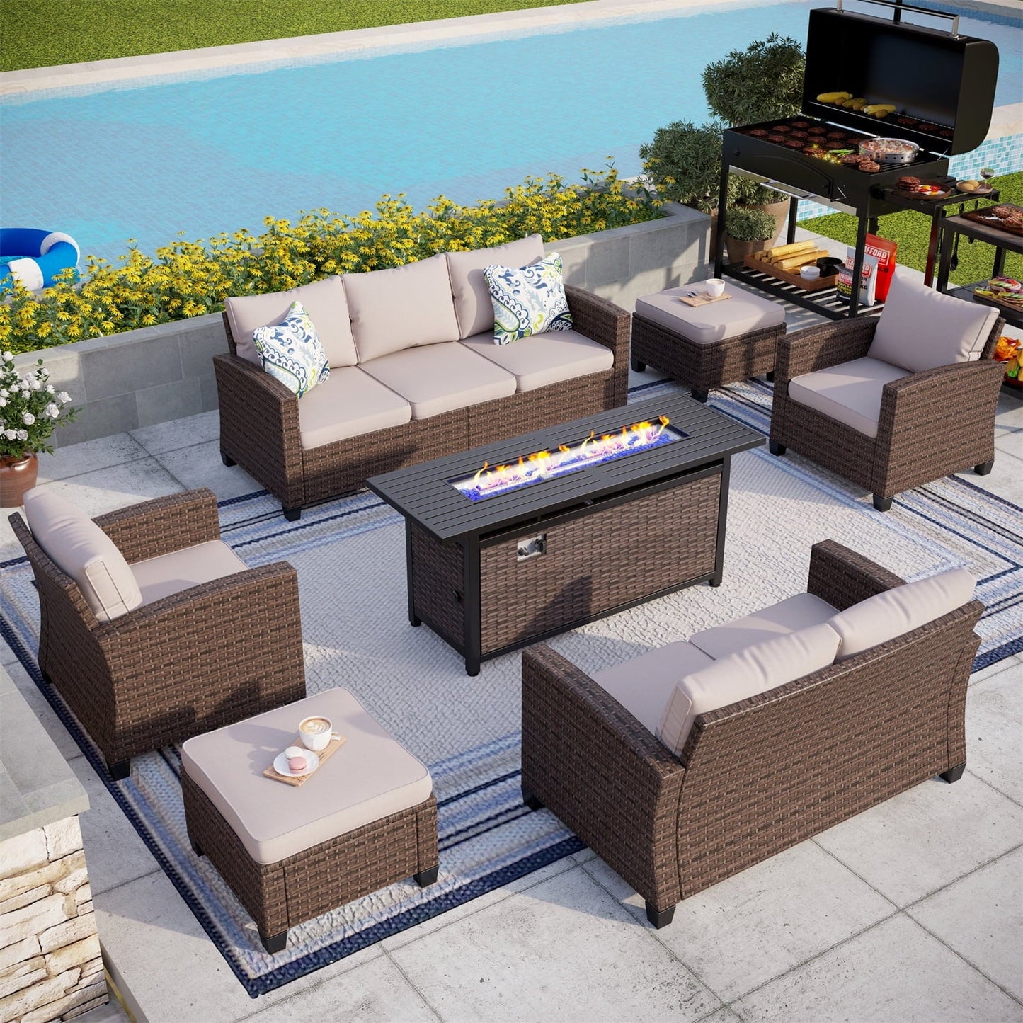 MAISON ARTS 9 Seater Patio Sectional Furniture Sofa Set with Fire Pit Table Wicker Patio Sofa Conversation Set Beige