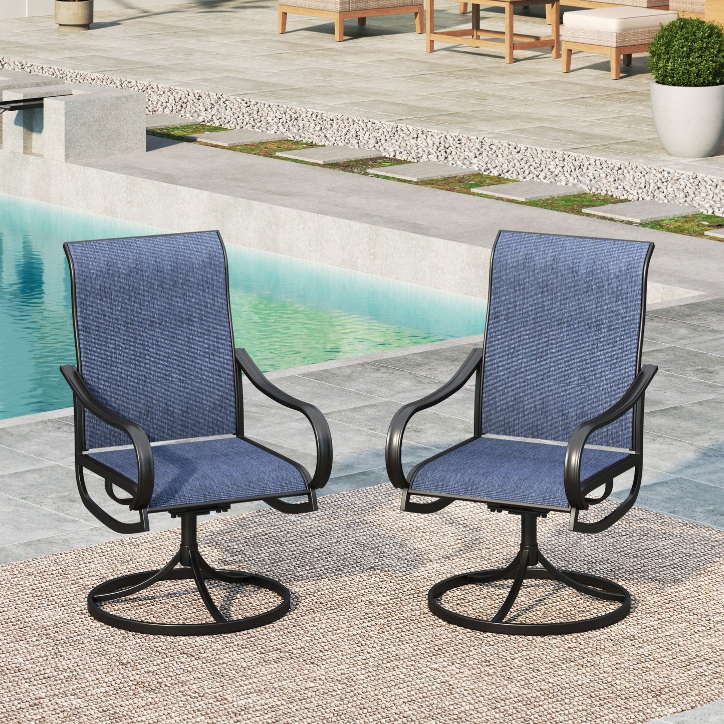 MAISON ARTS 2 Pieces Outdoor Patio Swivel Dining Chairs with Breathable Textilene Seat, Black & Blue