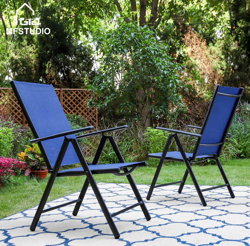 MAISON ARTS 2-Piece Aluminum Outdoor Folding Sling Chairs with Textilene Seat, Black & Blue