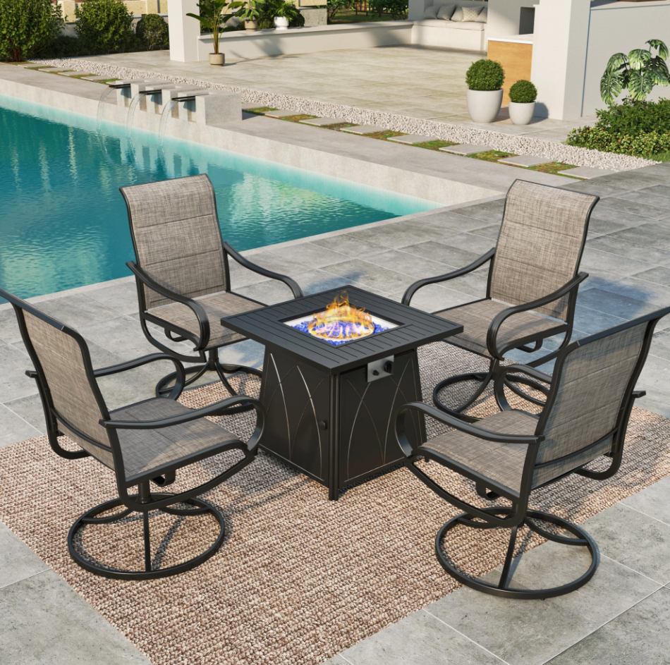 MAISON ARTS 5-Piece Gas Fire Table Set with 4 High-Back Swivel Sling Dining Chairs and 1 Fire Pit Table 50,000 BTU