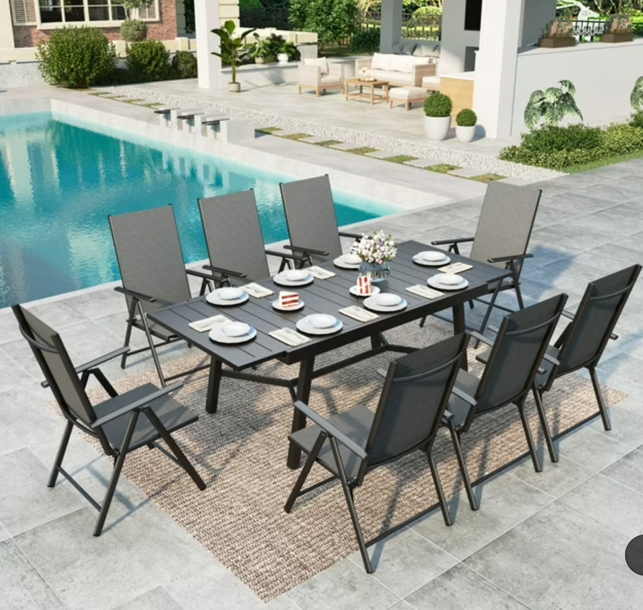 MAISON ARTS Outdoor Patio Dining Set with Metal Steel Expandable Table & Aluminum Folding Sling Chairs for 8, Black