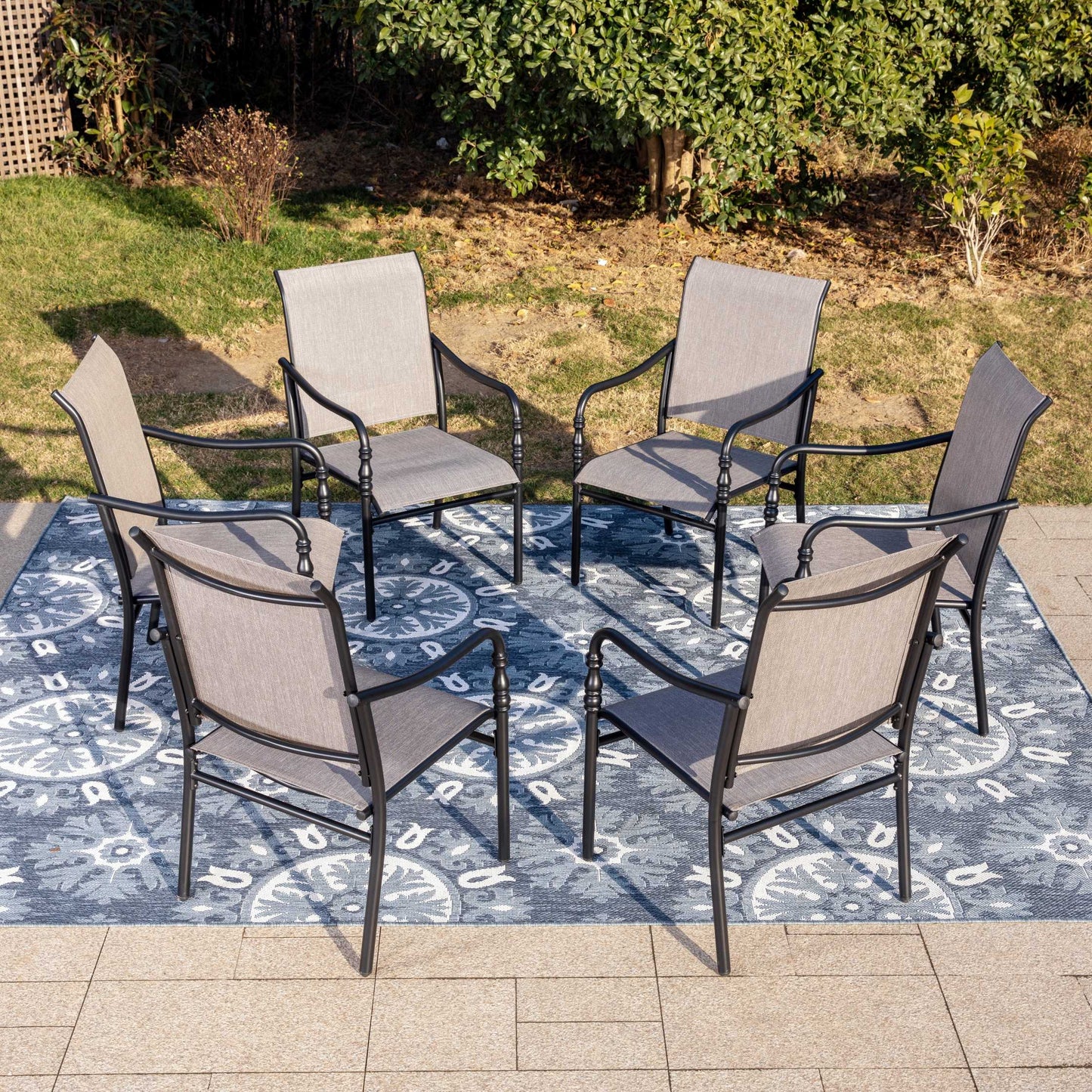 MAISON ARTS Set of 6 Outdoor Dining Chair, Textilene Fabric & Steel Frame, Black & Gray