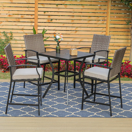 MAISON ARTS 5-Piece Outdoor Patio Bar Stools Set with Rattan Cushioned Bar Stools & Square Bar Height Table, Brown & Beige