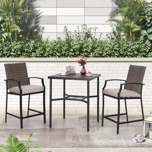 MAISON ARTS 3-Piece Outdoor Patio Bar Stools Set with Rattan Cushioned Bar Stools & Square Bar Height Table, Brown & Beige