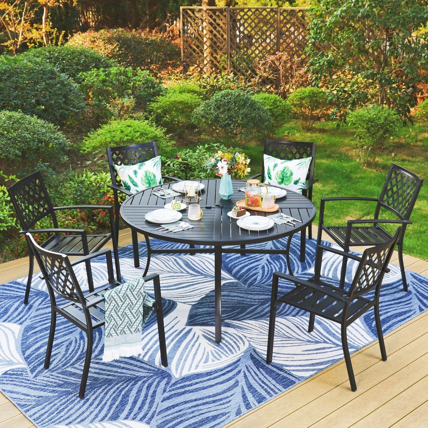 MAISON ARTS 7-Piece Outdoor Patio Dining Set with 6-Person Round Table & Stacking Chairs, Mesh Pattern, Black