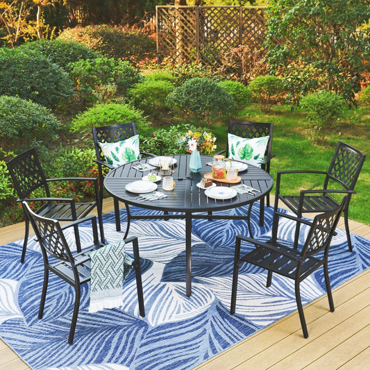 MAISON ARTS 7-Piece Outdoor Patio Dining Set with 6-Person Round Table & Stacking Chairs, Mesh Pattern, Black