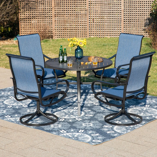 MAISON ARTS 5-Piece Outdoor Patio Dining Set with High-Back Swivel Sling Chairs & Round Table for 4-Person, Textilene Seat, Black & Blue