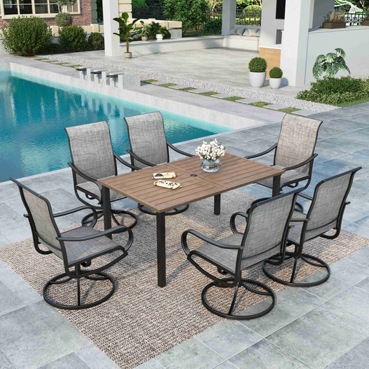 MAISON ARTS 7-Piece Metal Outdoor Patio Dining Set, 6 Textilene Swivel Patio Chairs & 1 Wood-look Top Table, Brown-Gray & Teak Color