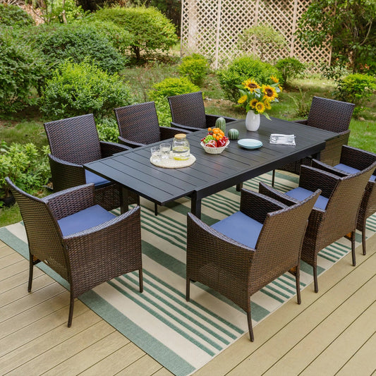 MAISON ARTS 9-Piece Outdoor Patio Dining Set with Metal Extendable Dining Table and 8 Rattan Chairs for Outdoor, Yard, Porch