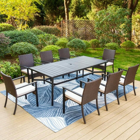 MAISON ARTS Outdoor Patio Dining Set with 8 Wicker Cushioned Chairs & 83" x 40" Large Table for 8-Person, Black & Dark Brown
