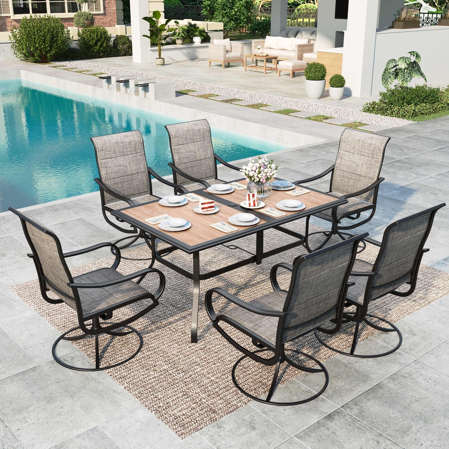 MAISON ARTS 7-Piece Outdoor Patio Dining Set with 6 Textilene Swivel Padded Chairs and Rectangular Wood-Look Table, Gray