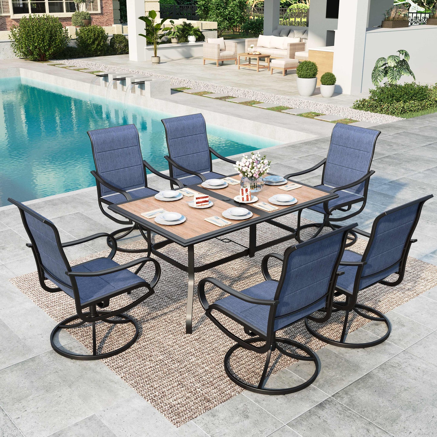 MAISON ARTS 7-Piece Outdoor Patio Dining Set with 6 Textilene Swivel Padded Chairs and Rectangular Wood-Look Table, Blue