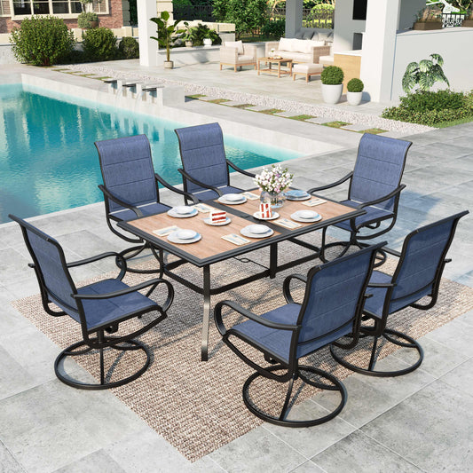 MAISON ARTS 7-Piece Outdoor Patio Dining Set with 6 Textilene Swivel Padded Chairs and Rectangular Wood-Look Table, Blue