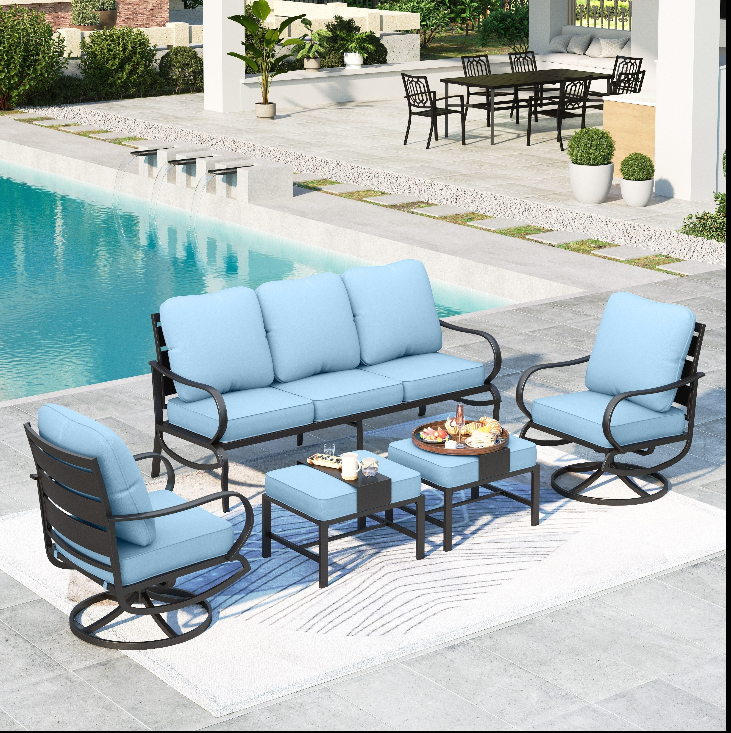 MAISON ARTS 5 Piece Outdoor Patio Conversation Set for 7 Person, Steel Sofa Outdoor Furniture Set Blue Cushion