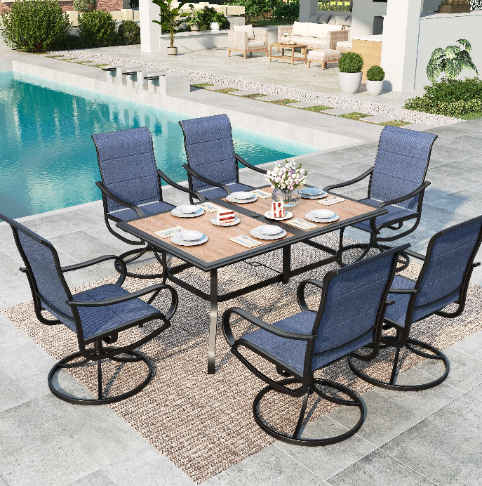 MAISON ARTS 7-Piece Outdoor Patio Dining Set with 6 Textilene Swivel Padded Chairs and Rectangular Wood-Look Table, Blue