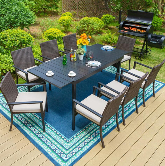 MAISON ARTS Patio Wicker Cushioned Dining Set with Expandable Table for 8-Person, Black & Dark Brown