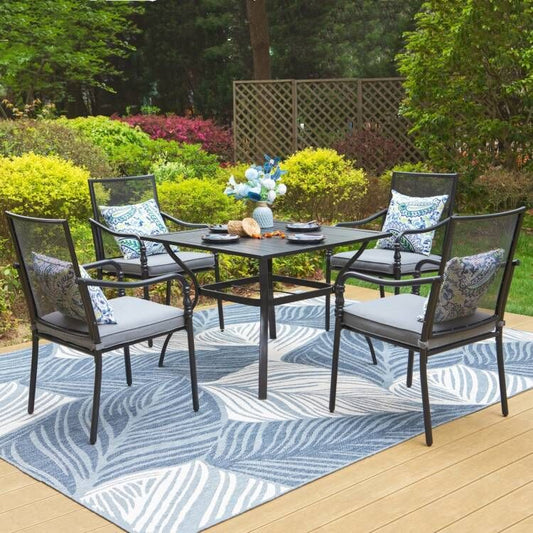 MAISON ARTS 5-Piece Patio Dining Set, Steel Mesh Chair with Cushion & Square Table for 4-Person, Black & Gray