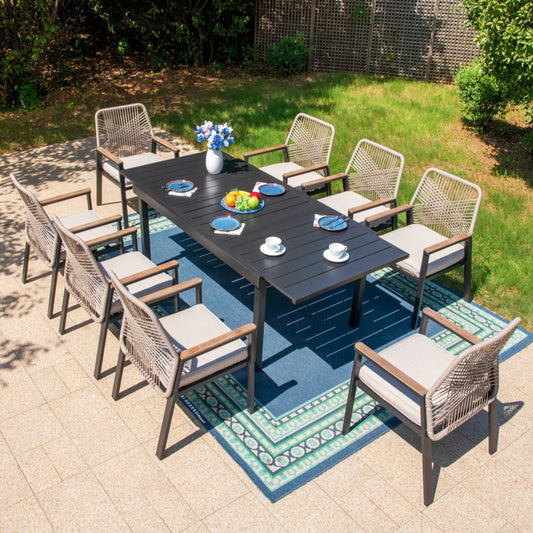 MAISON ARTS 9-Piece Patio Dining Set with 8 Cushioned Rattan Chairs and Large Extendable Table, Black and Beige