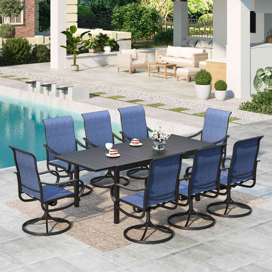 MAISON ARTS 9-Piece Outdoor Patio Dining Set with Large Expandable Table & Swivel Textilene Chairs for 8 Person, Steel Frame, Black & Blue
