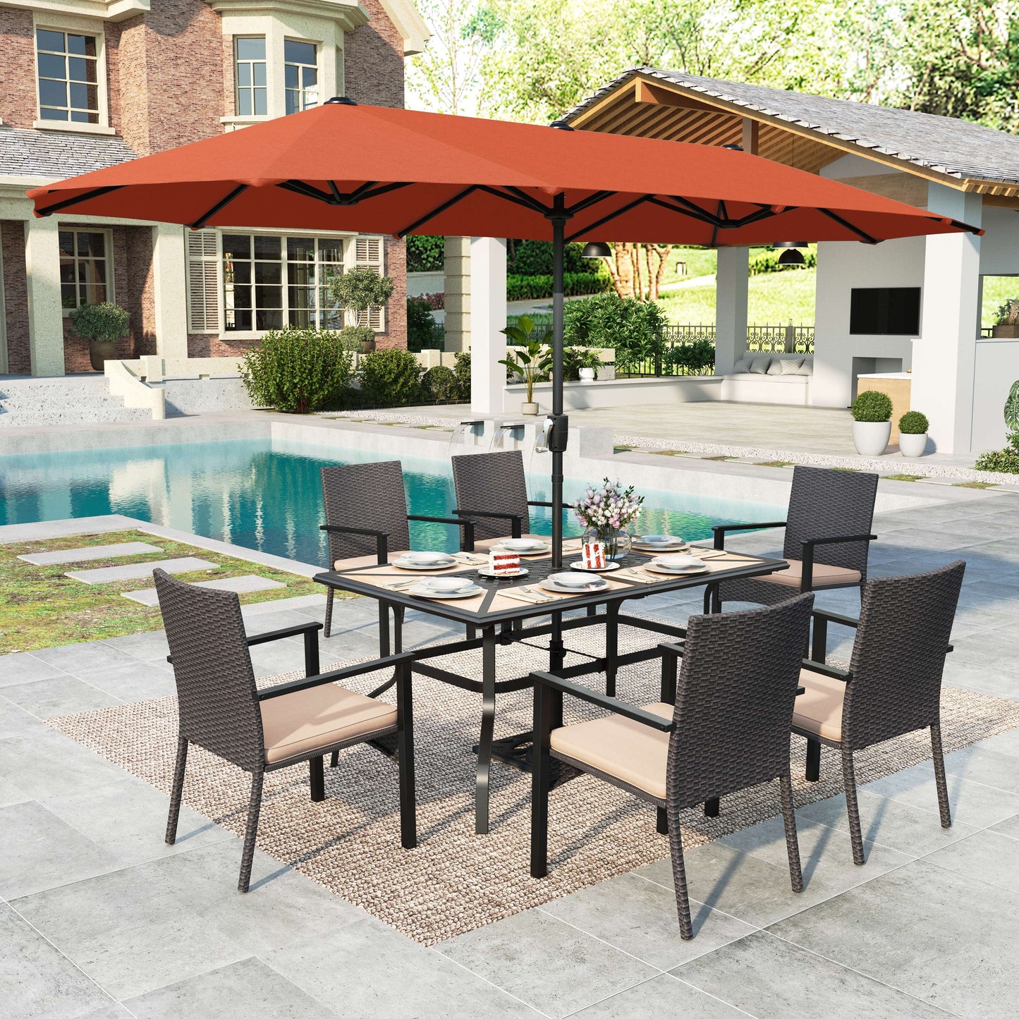 MAISON ARTS 8-Piece Outdoor Patio Set with 13ft Red Patio Umbrella,Rectangle Table and Wicker Chairs for 6