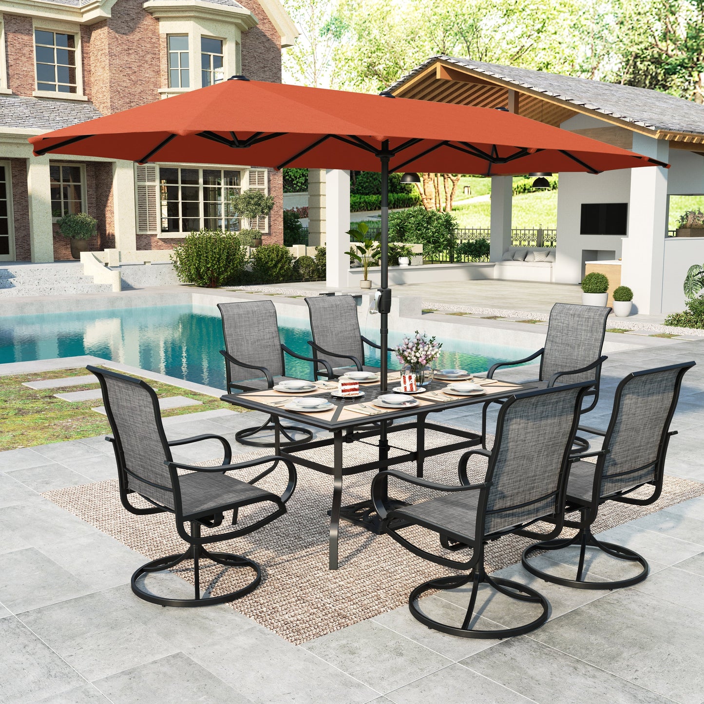 MAISON ARTS 8-Piece Outdoor Patio Dining Set with 13ft Red Patio Umbrella, Swivel Textilene Chair & Wood-like Top Table, Black & Brown-gray