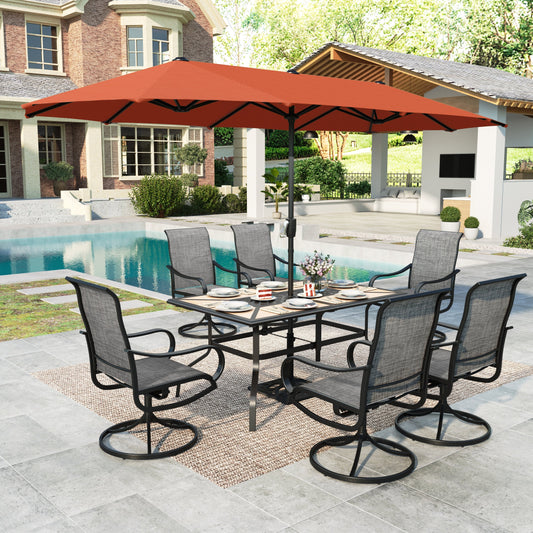 MAISON ARTS 8-Piece Outdoor Patio Dining Set with 13ft Red Patio Umbrella, Swivel Textilene Chair & Wood-like Top Table, Black & Brown-gray