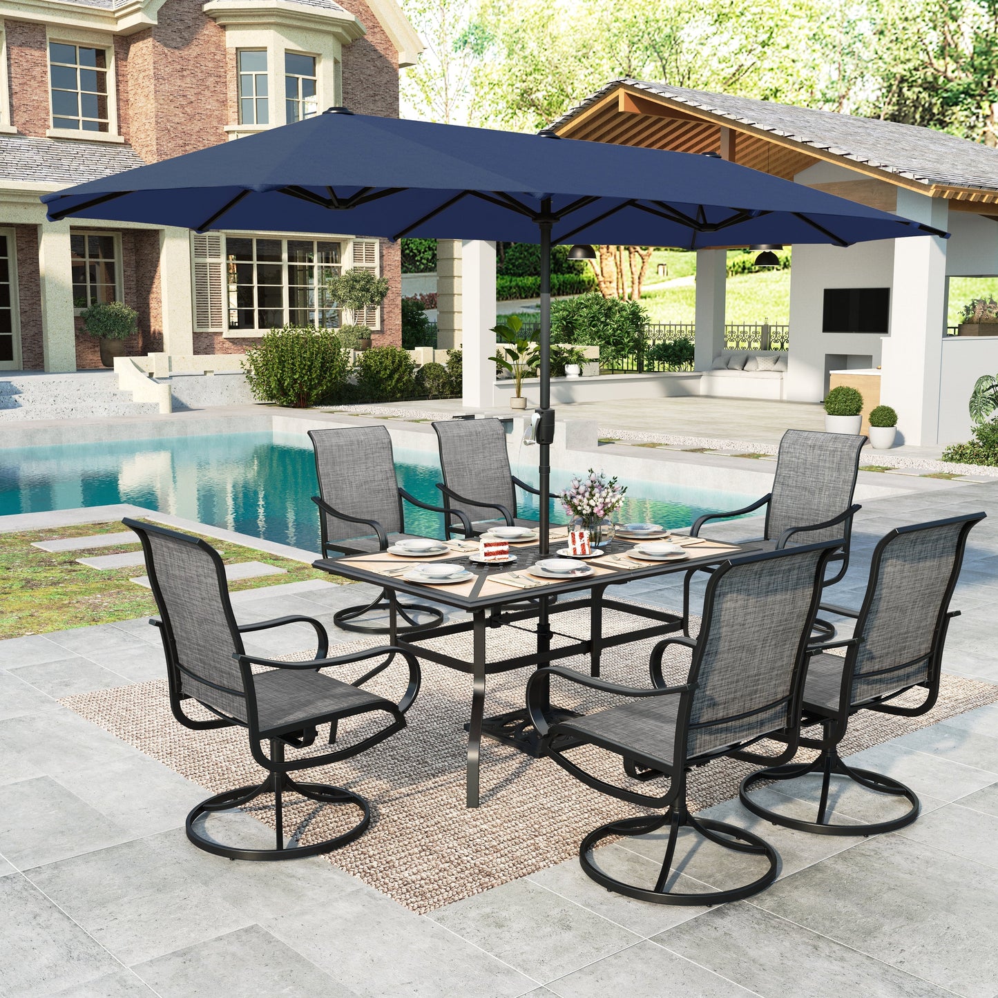 MAISON ARTS 8-Piece Outdoor Patio Dining Set with 13ft Navy Blue Patio Umbrella, Swivel Textilene Chair & Wood-like Top Table, Black & Brown-gray