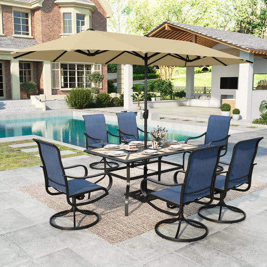 MAISON ARTS 8-Piece Outdoor Patio Dining Set with 13ft Beige Patio Umbrella, Swivel Textilene Chair & Wood-like Top Table, Black & Blue