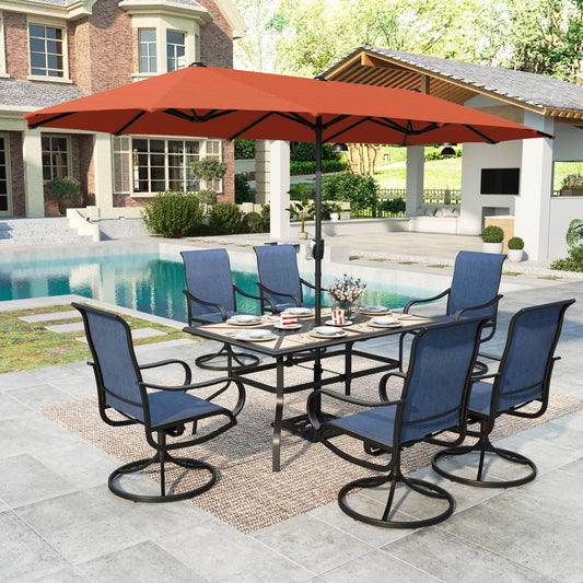 MAISON ARTS 8-Piece Outdoor Patio Dining Set with 13ft Red Patio Umbrella, Swivel Textilene Chair & Wood-like Top Table, Black & Blue