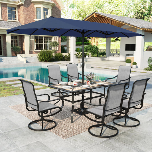 MAISON ARTS 8-Piece Outdoor Patio Dining Set with 13ft Navy Blue Patio Umbrella, Swivel Textilene Chair & Wood-like Top Table, Black & Light-gray