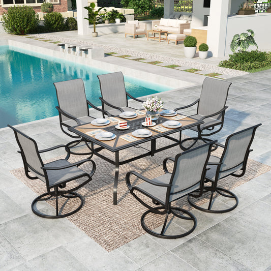 MAISON ARTS 7-Piece Outdoor Patio Dining Set, Swivel Textilene Chair & Wood-like Tabletop with Umbrella Hole, Black & Lighgt Gray