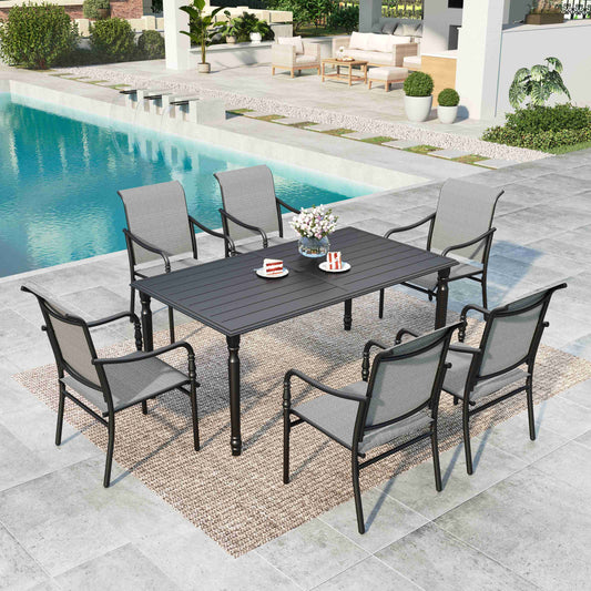 MAISON ARTS 7-Piece Outdoor Patio Dining Set with 6 Textilene Chairs & Large Rectangular Table, Neoclassical Style, Black & Brown-Gray