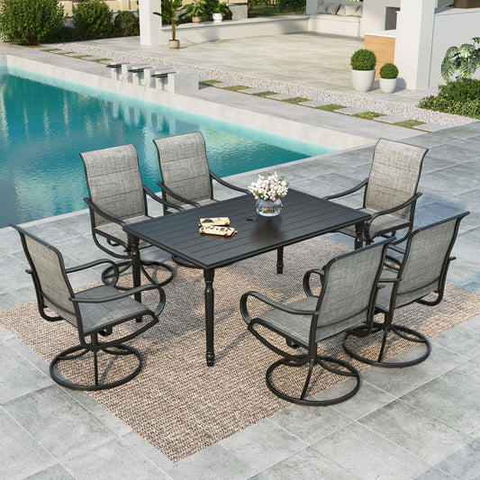 MAISON ARTS 7-Piece Outdoor Patio Dining Set with High-Back Padded Swivel Chairs and Rectangular Table, Gray and Black