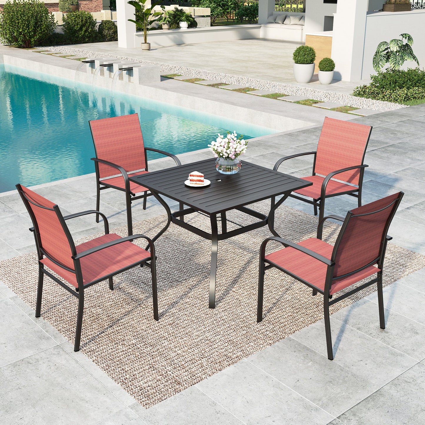 MAISON ARTS 5-Piece Outdoor Patio Dining Set with 4 Textilene Chairs & 1 Metal Steel Table, Black & Red
